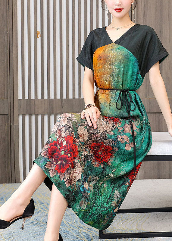 Colorblock V Neck Patchwork Silk Dress Summer
