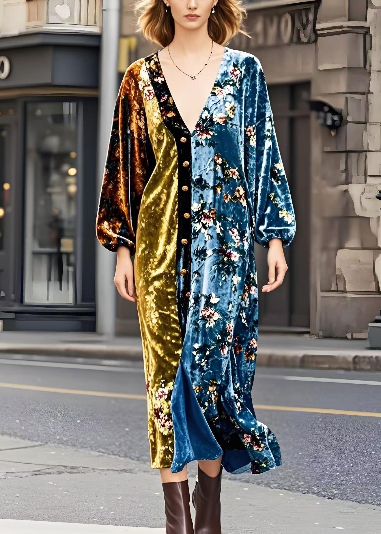 Colorblock V Neck Patchwork Golden Button Silk Velvet Dresses Spring