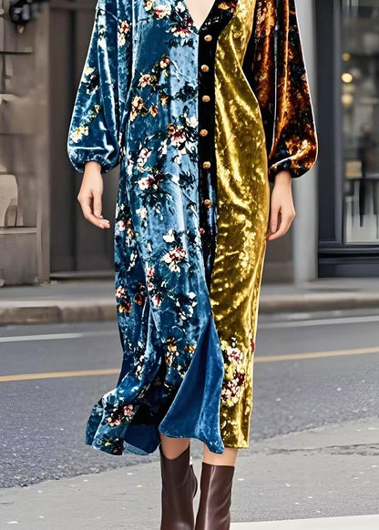 Colorblock V Neck Patchwork Golden Button Silk Velvet Dresses Spring