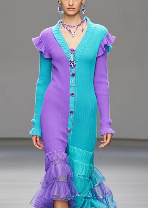 Colorblock V Neck Patchwork Knitted Wraped Dress Winter