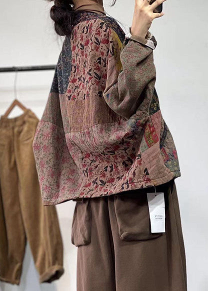 Colorblock V Neck Patchwork Print Cotton Coat Outwear Winter