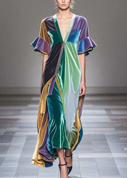 Colorblock V Neck Patchwork Silk Velvet Holiday Dress Flare Sleeve