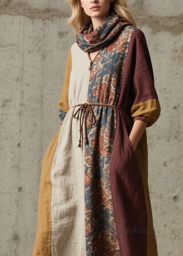 Colorblock V Neck Print Lace Up Cotton Dresses Fall
