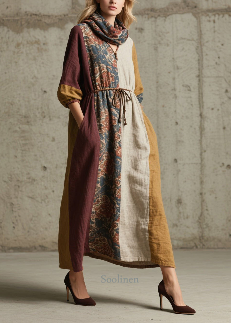 Colorblock V Neck Print Lace Up Cotton Dresses Fall