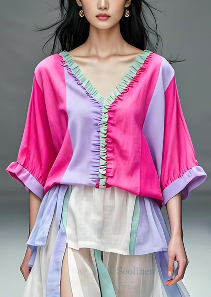 Colorblock V Neck Ruffled Patchwork Cotton Top Summer