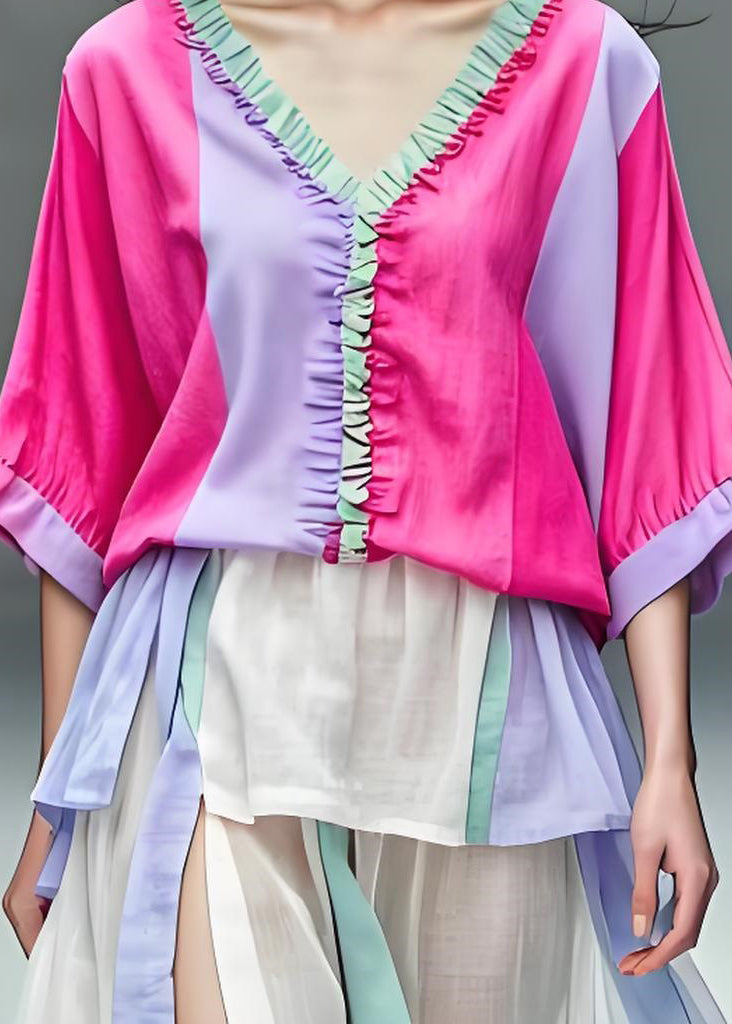 Colorblock V Neck Ruffled Patchwork Cotton Top Summer