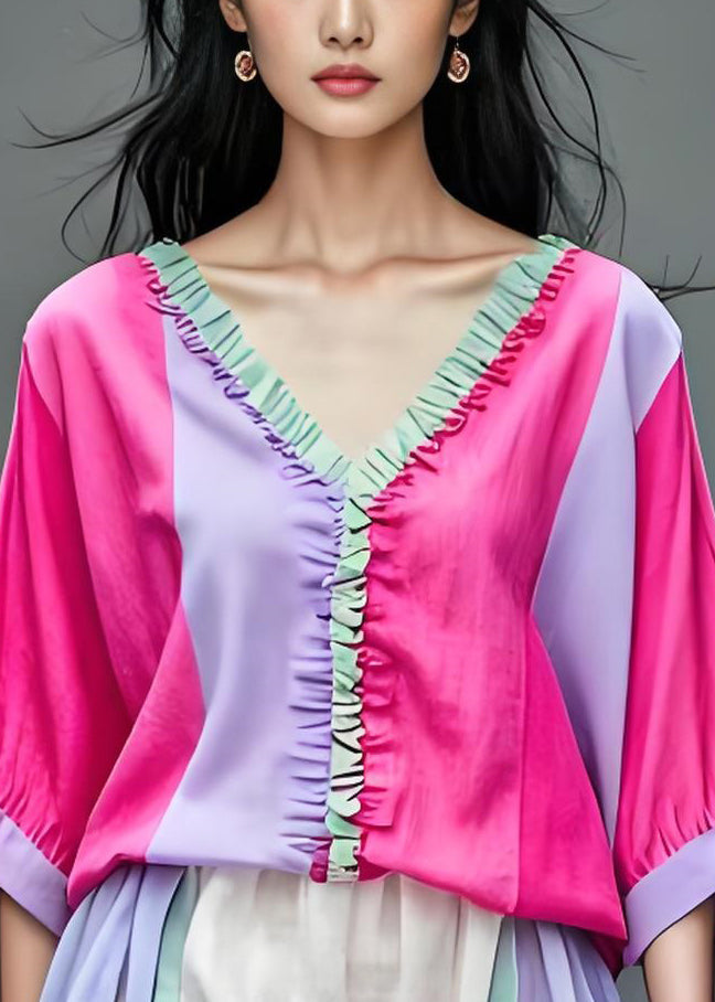 Colorblock V Neck Ruffled Patchwork Cotton Top Summer
