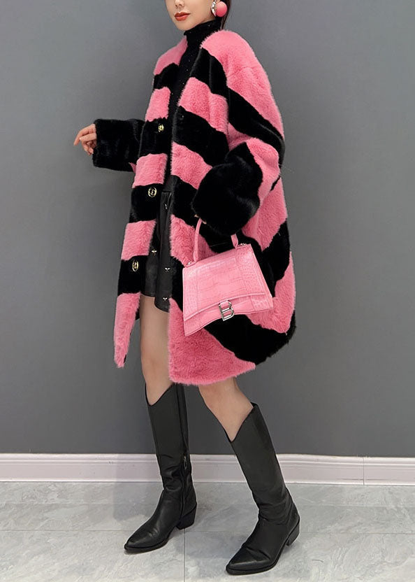 Colorblock V Neck Striped Thick Mink Velvet Coat Winter