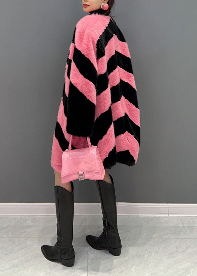 Colorblock V Neck Striped Thick Mink Velvet Coat Winter