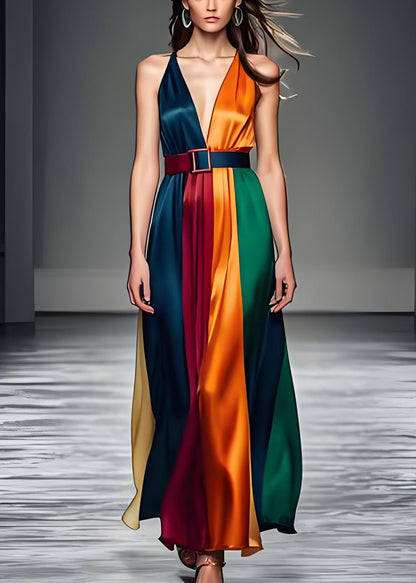 Colorblock V Neck Tie Waist Silk Long Dress Sleeveless