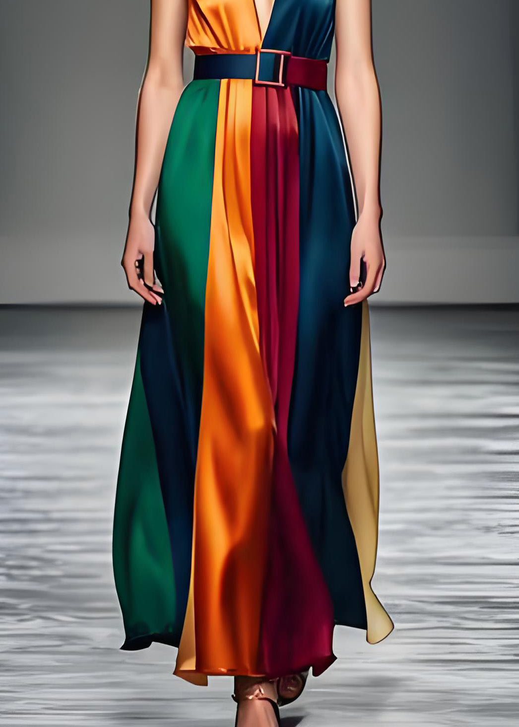Colorblock V Neck Tie Waist Silk Long Dress Sleeveless