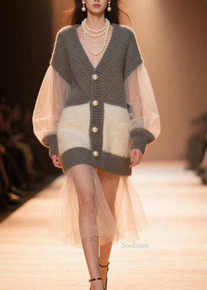 Colorblock V Neck Tulle Patchwork Knit Cardigans Fall