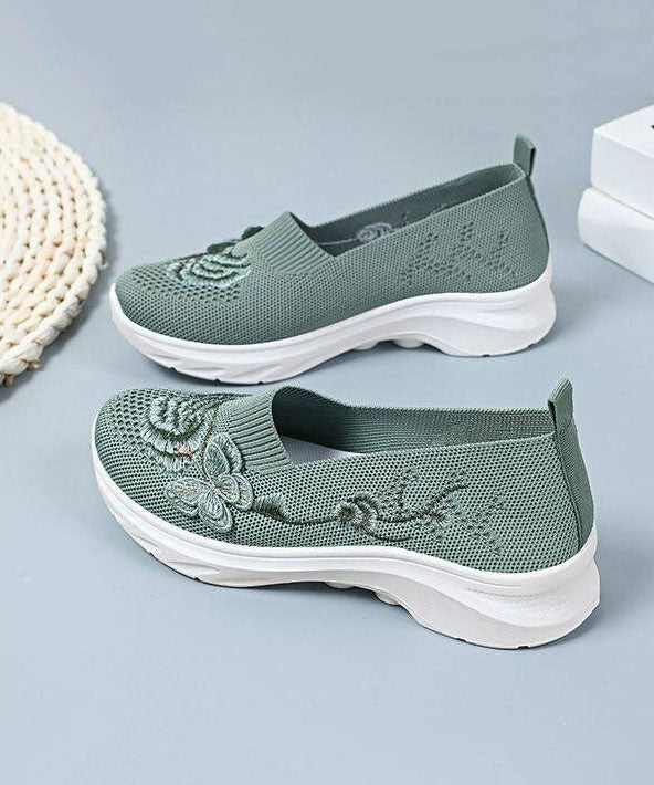 Comfy Embroidered Flat Shoes Green Breathable Mesh