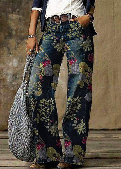 Daisy Print Pockets Patchwork Denim Straight Pants Spring