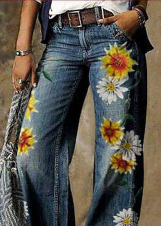 Daisy Print Pockets Patchwork Denim Straight Pants Spring