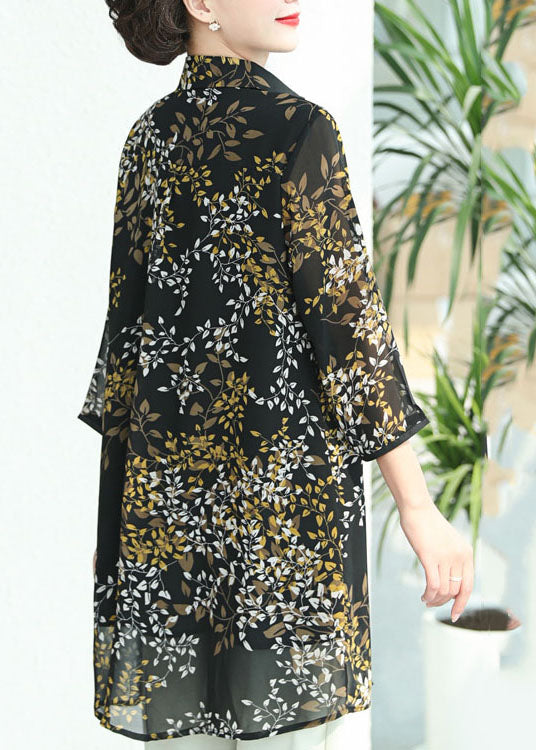 Dark Blue Peter Pan Collar Print Button Chiffon Long Shirt Tops Bracelet Sleeve