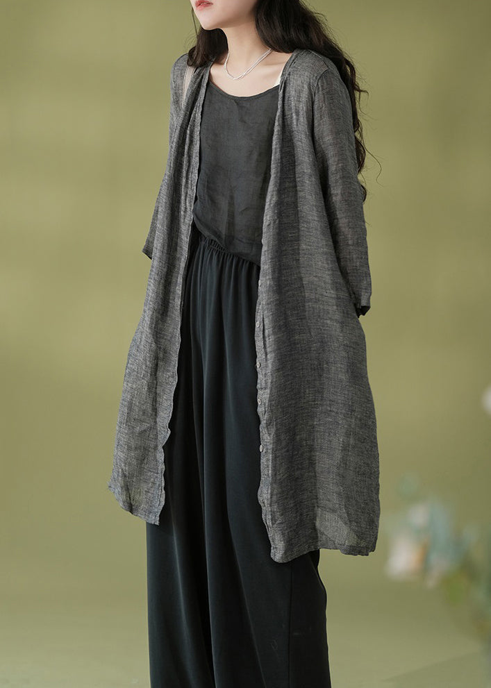 Dark Gray V Neck Button Patchwork Cotton Cardigans Fall