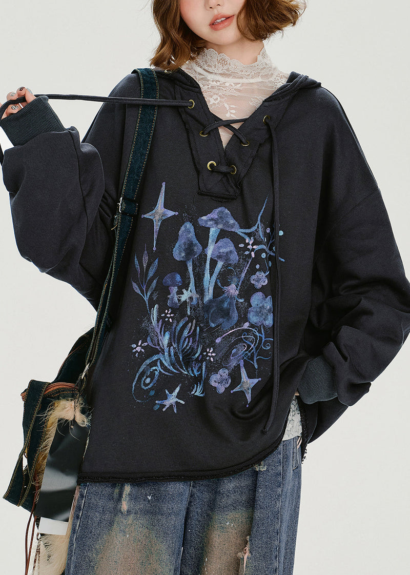 Dark Grey Hooded Print Cotton Pullover Sweatshirt Spring