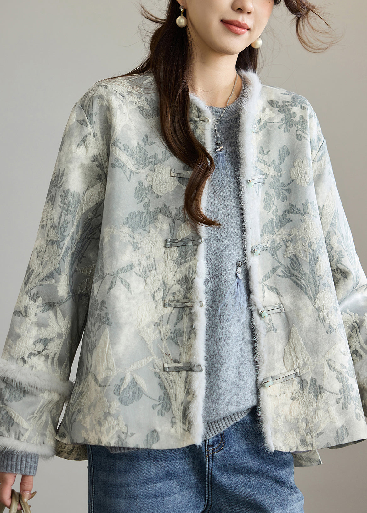Dark Grey Jacquard Patchwork Faux Fur Cotton Oriental Coats Winter