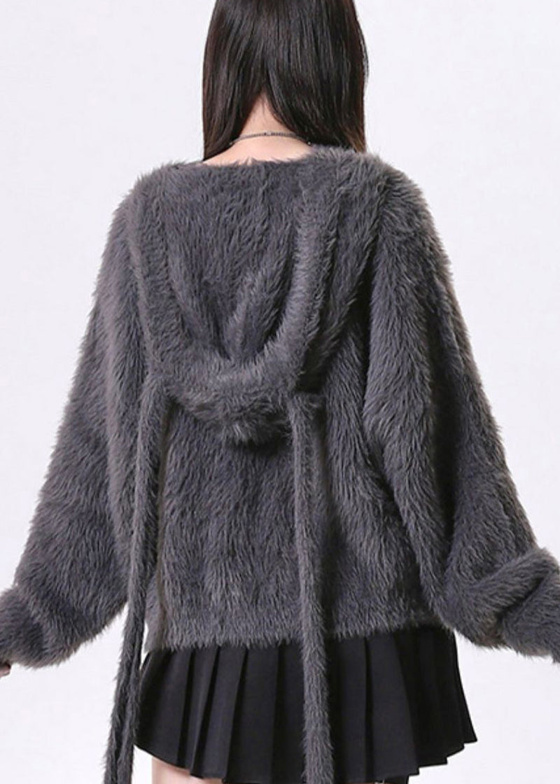 Dark Grey Oversized Bow Knit Rabbit Ears Hoodies Outwear Spring