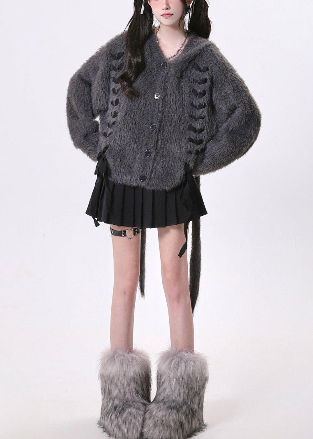 Dark Grey Oversized Bow Knit Rabbit Ears Hoodies Outwear Spring