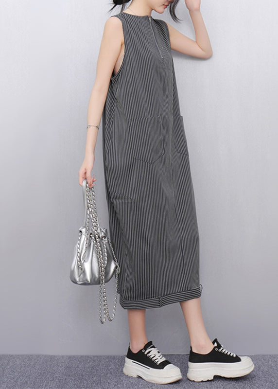 Dark Grey Striped Pockets Long Dresses Sleeveless
