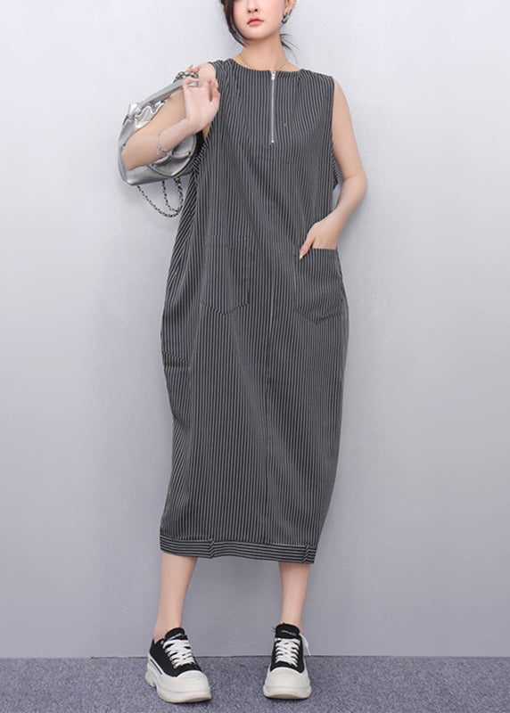 Dark Grey Striped Pockets Long Dresses Sleeveless