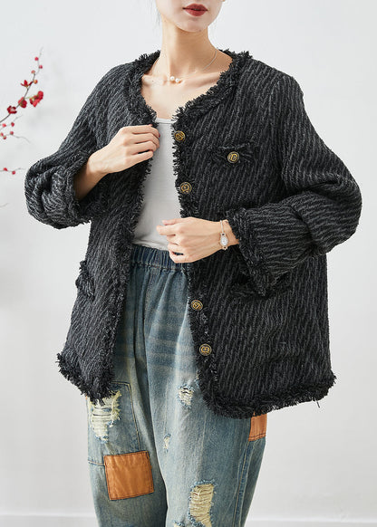 Dark Grey Tasseled Button Down Warm Fine Cotton Filled Jacket Winter