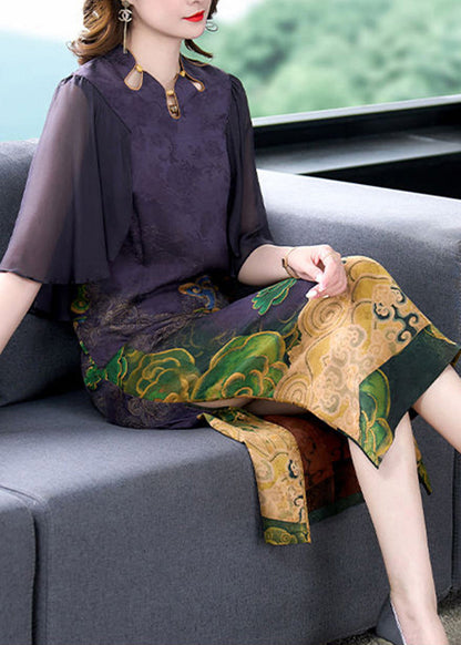 Dark Purple Print Side Open Slim Fit Silk Dress Cloak Sleeves