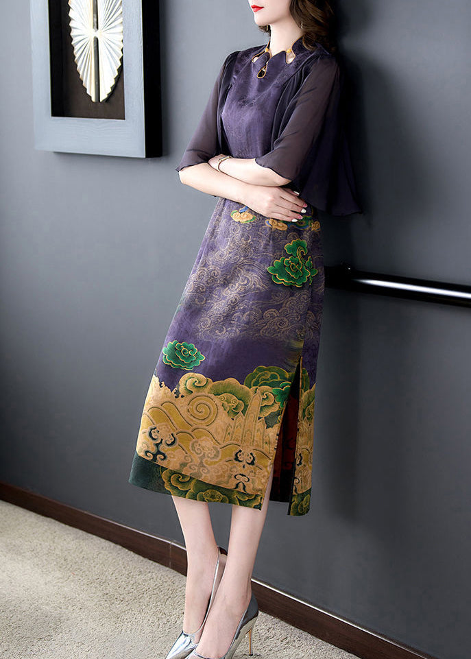 Dark Purple Print Side Open Slim Fit Silk Dress Cloak Sleeves
