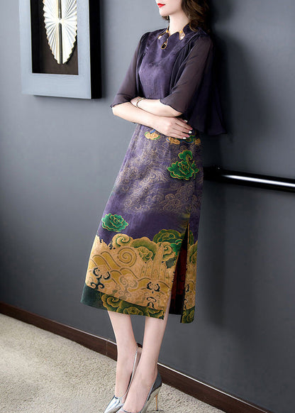 Dark Purple Print Side Open Slim Fit Silk Dress Cloak Sleeves