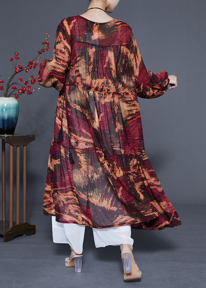 Dark Red V Neck Patchwork Exra Large Hem Chiffon Cinched Dresses Spring