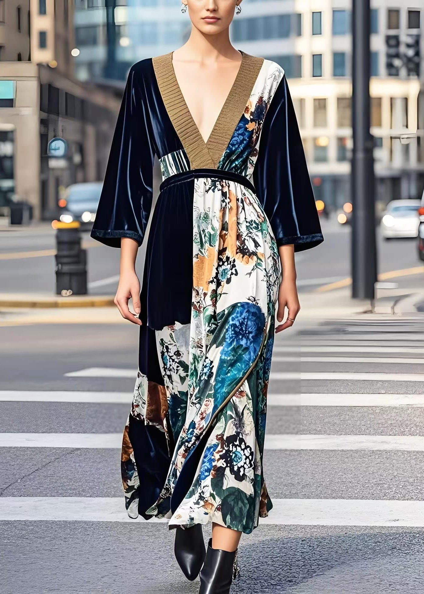 Dark V Neck Print Silk Velvet Cinched Dress Spring