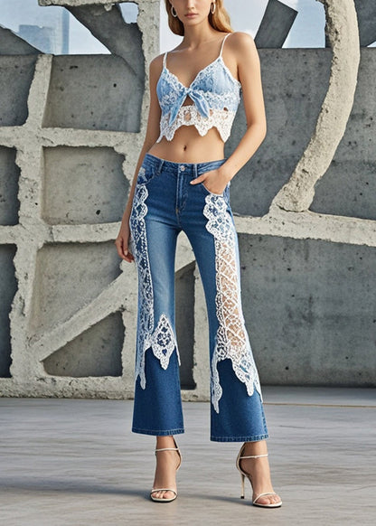 Denim Blue Lace Patchwork Slim Fit Flared Trousers Spring