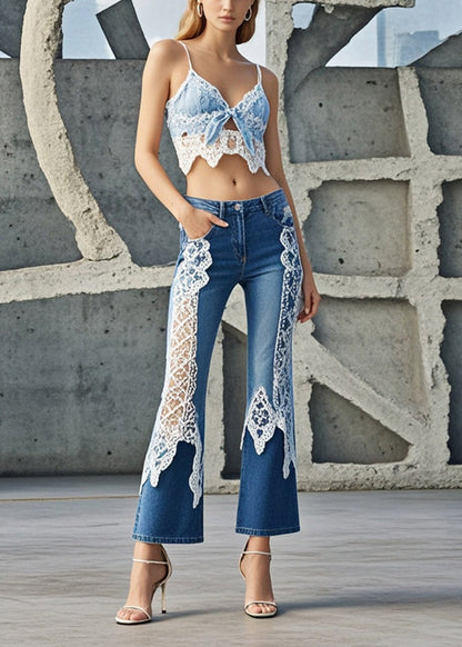 Denim Blue Lace Patchwork Slim Fit Flared Trousers Spring