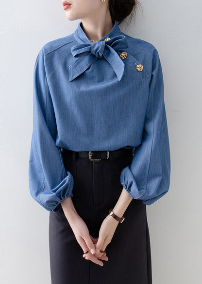 Women Denim Blue Stand Collar Bow Blouses Spring