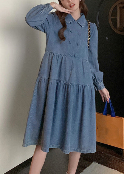 Denim Blue Wrinkled Patchwork Long Dress Spring