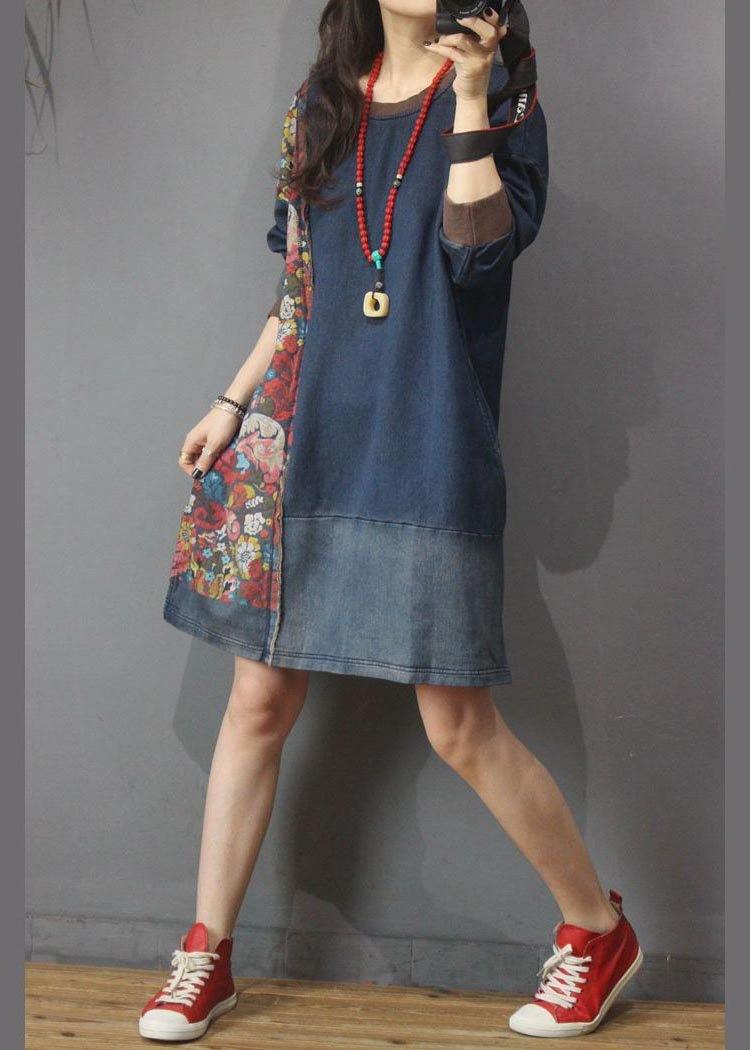 Denim Patchwork Cotton Dress Print Summer Long Dress