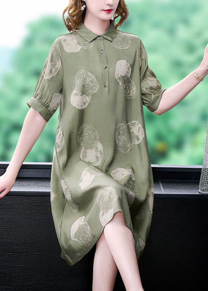 Dousha Green Peter Pan Collar Print Patchwork Silk Dresses Summer