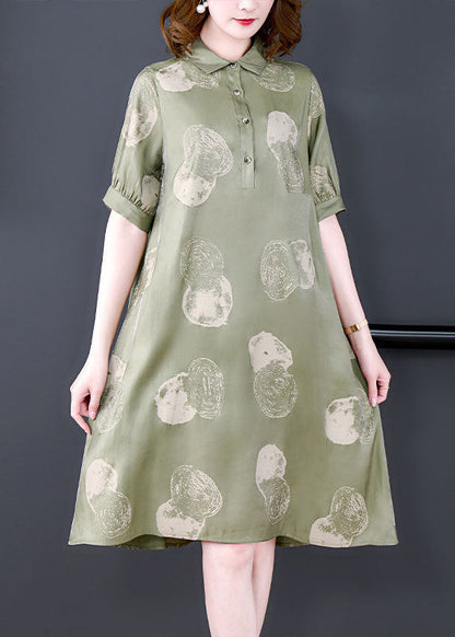 Dousha Green Peter Pan Collar Print Patchwork Silk Dresses Summer