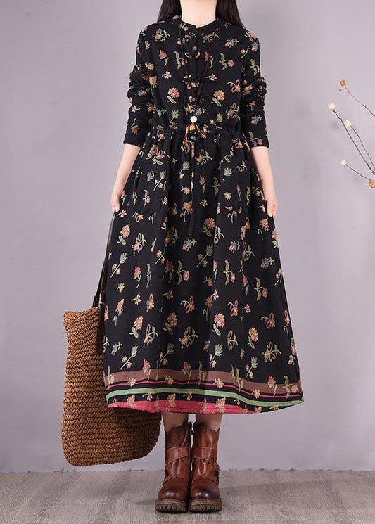 Drawstring Spring Tunics Black Print Art Dresses