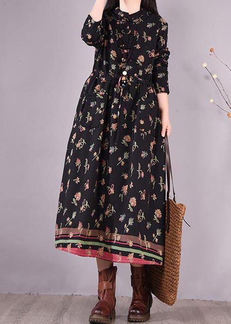 Drawstring Spring Tunics Black Print Art Dresses