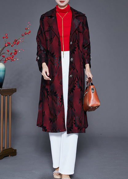Dull Red Lapel Jacquard Trench Coat Fall