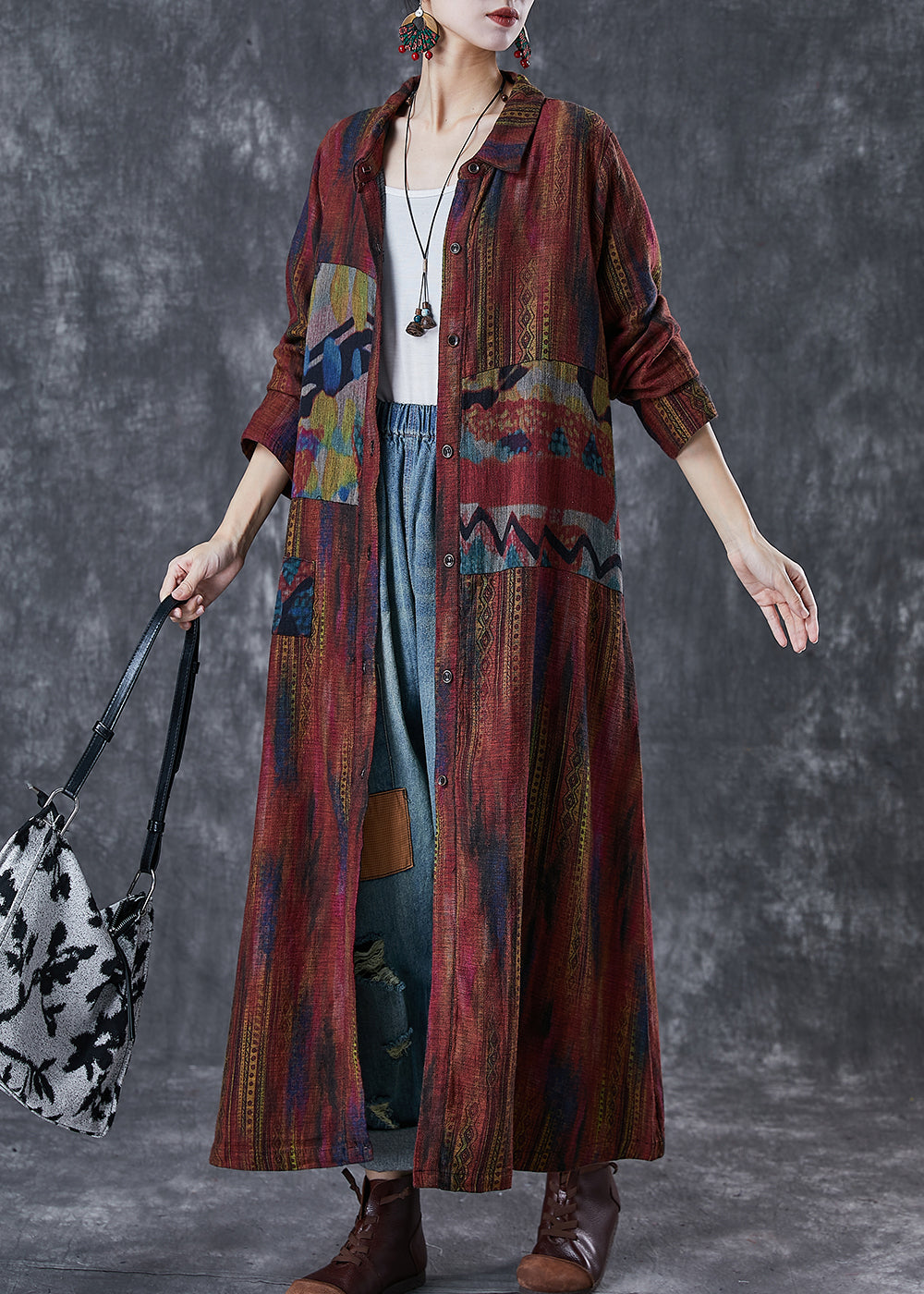 Dull Red Oversized Print Linen Trench Spring