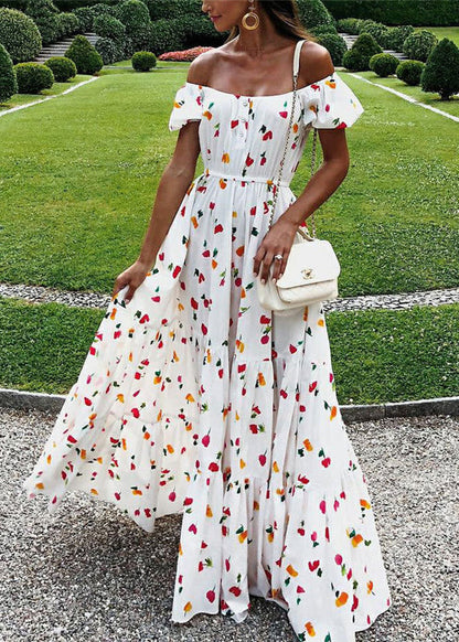 Elastic Square Collar Print Holiday Floor Maxi Dress With Belt White