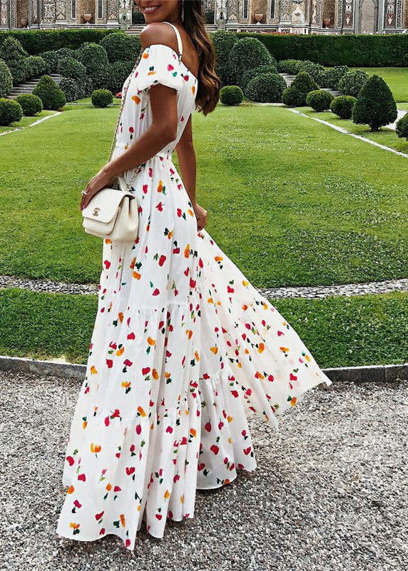 Elastic Square Collar Print Holiday Floor Maxi Dress With Belt White