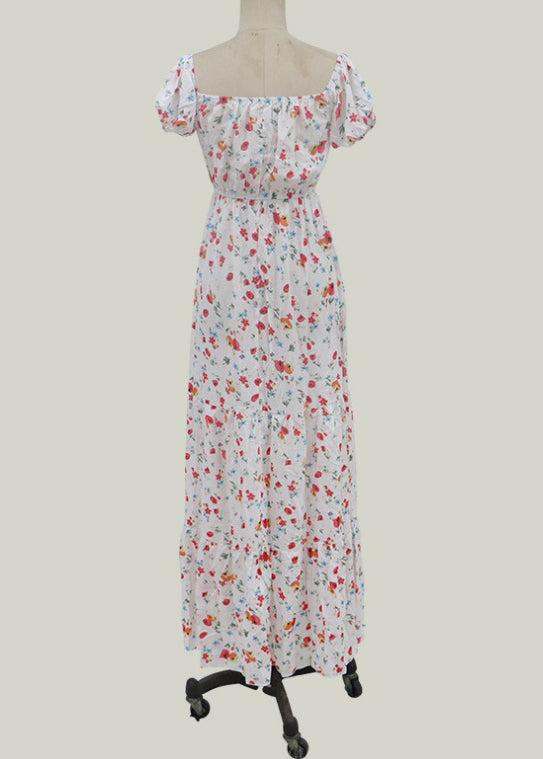 Elastic Square Collar Print Holiday Floor Maxi Dress With Belt White