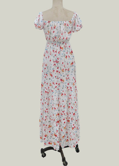 Elastic Square Collar Print Holiday Floor Maxi Dress With Belt White