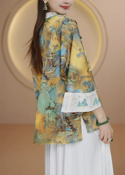 Women Embroidered Chinese Button Patchwork Silk Shirt Tops Fall