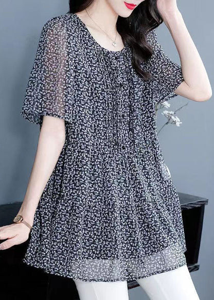 O Neck Wrinkled Patchwork Chiffon T Shirt Top Summer